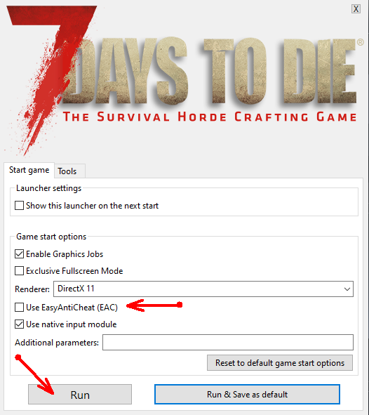 Лаунчер 7 Days to Die: снять галку Use EasyAntiCheat